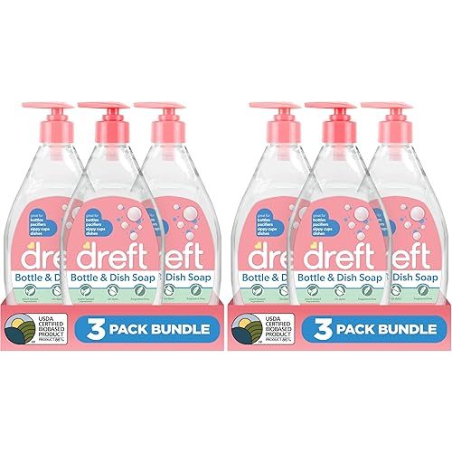Dreft Bottle and Dish Soap | Made to Clean Baby Bottles,Sippy Cups,Pacifiers,Breast Pumps,& More | Gently Removes Milk Film & Odors-| Plant Based,Fragrance Free Dish Soap-| 18 Fl Oz,(Pack of 6)