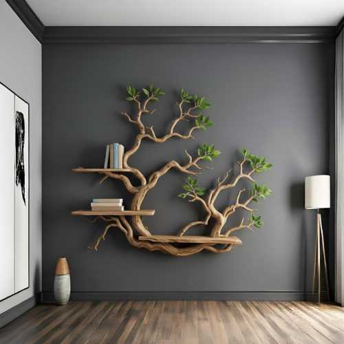 Handcrafted Tree Branch Floating Bookshelf | Driftwood Solid Wood Wall Shelf