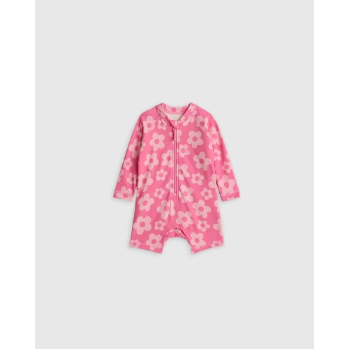 Long Sleeve Zip-Up Rash Guard One-Piece - Baby in Pink Daisy