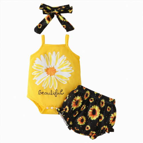 OYXSER Cute Baby Girl Clothes 18 24 Months Ruffle Sleeve Romper Daisy Print with Headband Infant Summer Outfits Set, Yellow 9-12M