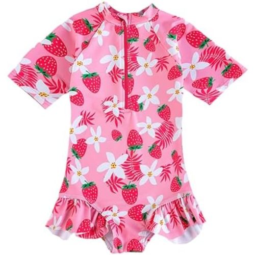 Toddler Girl Swimsuit One Piece Rash Guard Bathing Suit Little Girls Short Sleeve Quick Dry Swimwear 1-7 Years
