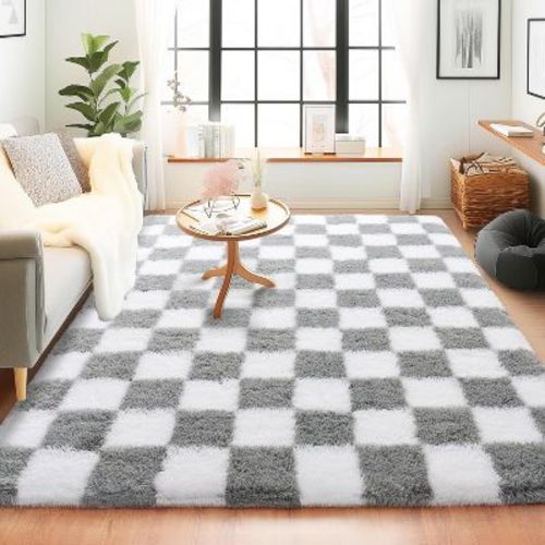 5x7 Feet Checkered Area Rugs For Living Room, Black Modern Super Soft Fluffy Rugs for Bedroom Home Aesthetic Decor white gray 60x84 inch