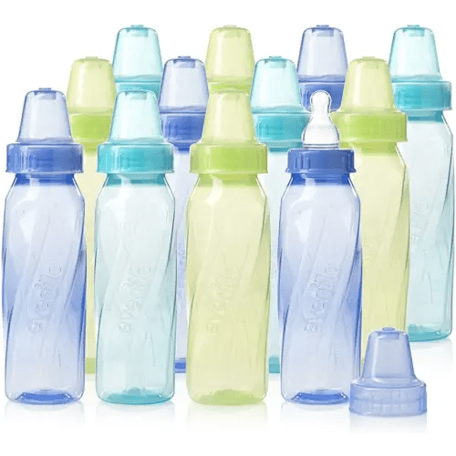 Evenflo Feeding Classic Tinted Plastic Standard Neck Bottles for Baby, Infant and Newborn - Teal/Green/Blue, 8 Ounce (Pack of 12)