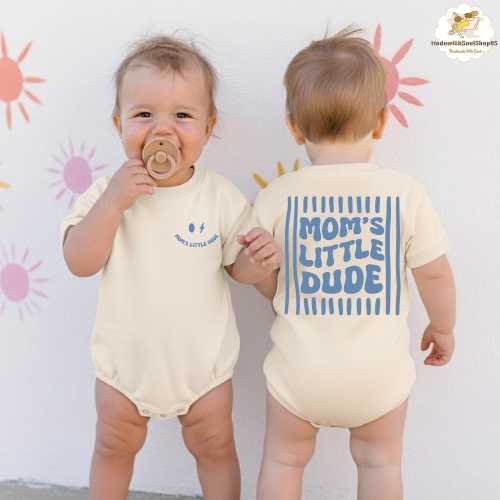 Moms Little Dude Striped Baby Romper, Baby Shower Gift, First Mother Day Gift, New Mom Baby Boy Gift, Cute Boy Mom Life Tee, Boy Mom Gift