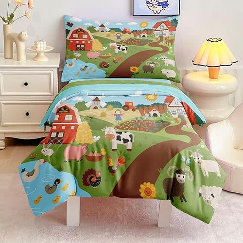 4 Pieces Toddler Bedding Set for Boys Girls,Farmhouse Farm Animal Toddler Comforter Set Bed in a Bag Includes Comforter, Flat Sheet, Fitted Sheet and Pillowcase