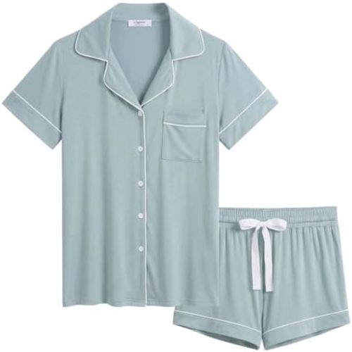 Cherrydew Women Bamboo Viscose Super Soft Comfy Summer Cooling Short Sleeve Button Down Pajama Shorts Set S-XXL