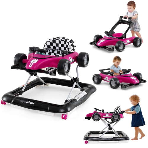INFANS 4 in 1 Baby Walker, Foldable, Adjustable Height, Music, Light, Removable Toy Tray, Push Walker, for Girls Boys Aged 6-18 Months