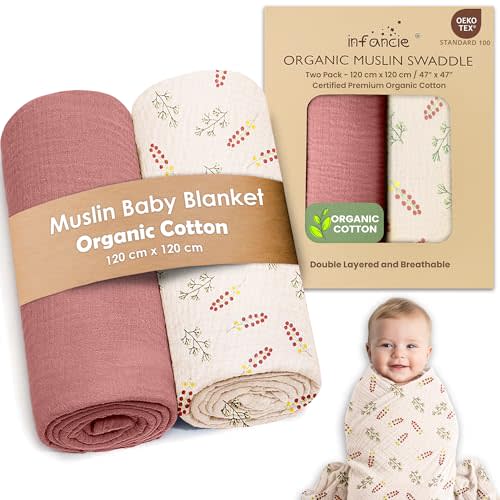 infancie Organic Cotton Muslin Baby Blanket - 47x47 Inch Breathable Swaddle, Hypoallergenic Double-Layer, Versatile Use (Pink Floral, 47x47 Inch)