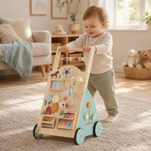 Blue Wooden Baby Walker with Activity Center, Montessori Push Toy for Toddlers, First Birthday Gift