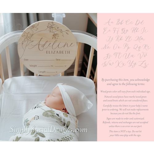 Wooden Baby Name Sign, Newborn Name Wood Sign, Birth Announcement Sign, Girl Floral Name Birth Stats Sign, Boho Name Announcement, Plaque