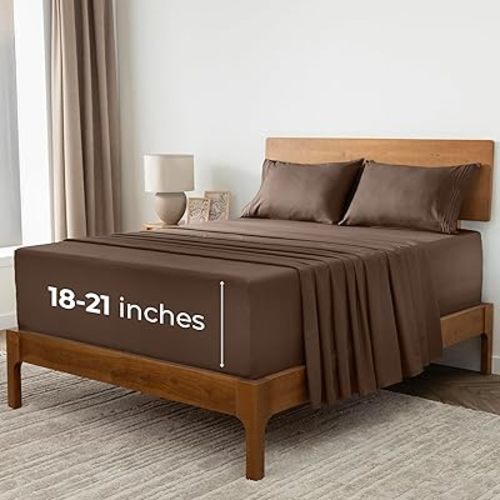 Mellanni Extra Deep Queen Sheets - 4 PC Iconic Collection Bedding - Hotel Luxury, Ultra Soft, Cooling Bed Sheets - Wrinkle, Fade, Stain Resistant (Queen, Brown)