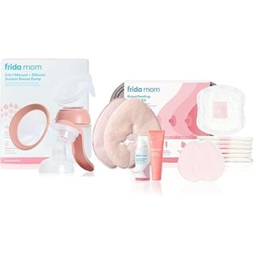 Frida Mom Breastfeeding Survival Kit and 2-in-1 Manual Breast Pump Bundle, 11pc Gift Set + Hands-Free Silicone Suction Cup Milk Collector and SoftFeel Flange for Breastfeeding