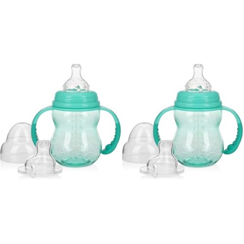 Nuby 3 Stage Tritan Wide Neck Grow with Me No-Spill Bottle to Cup, 8 Oz, Teal (Pack of 2)