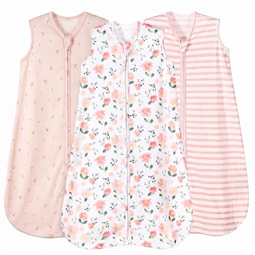 PHF Soft Baby Sleep Sack 6-12 Months 100% Cotton Baby Wearable Blanket, 2-Way Zipper 0.3 TOG Toddler Sleeping Bags 3 Pack, Comfy Sleep Bag for Baby Girls, Pink Floral (Medium)