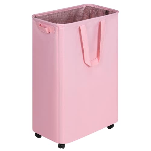 efluky Slim Laundry Hamper with Wheels, Rolling Laundry Basket for Clothes, Small Laundry Basket for Bedroom, Dorm and Laundry Room, 75L (19.8 Gallons) Pink