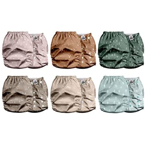 Mama Koala 2.0 Baby Cloth Diapers with AWJ Lining and Tummy Panel, Washable Reusable Pocket Diapers, 6 Pack with 6 Bamboo Diaper Inserts (Simply Neutrals)