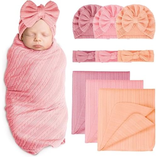 Baby Swaddle Blankets with Bow Hat Headband Set Wheat-Pattern Infant Receiving Blankets Swaddles for Newborns Unisex Toddler Swaddle Wrap Sets for Baby Girls Boys Nursery Warm Shower Gift