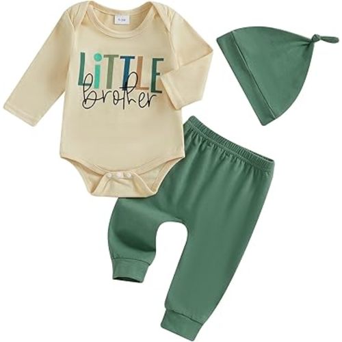 Baby Boy Outfit Newborn Little Brother 3 6 9 12 18M Romper Infant Letter Print Onesie+ Pants+Hat 3PCS Clothes
