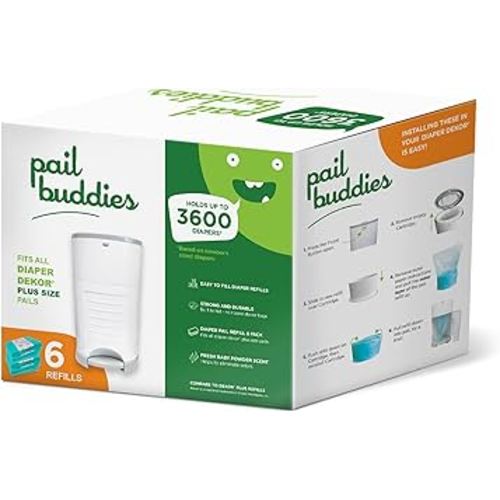 Pail Buddies Diaper Pail Refills | 6 Count Value Pack Holds 3,600 Diapers | Compatible with Dekor Plus Diaper Pail | Strong, Durable Refill Bags with Odor Eliminating Fresh Baby Powder Scent