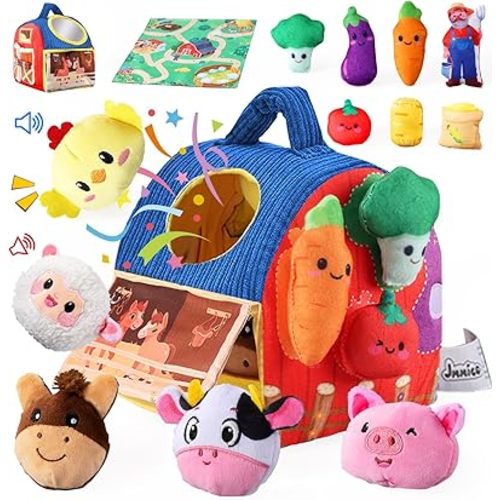 Baby Toys 6-12 Months, 13 PCS Barn with Stuffed Farm Animals and Stick-On Plush Vegetables, Mirror -Montessori Toy for Babies, Portable Sensory Toy for Toddlers 1-3, 1 Year Old Boy Girl Gifts