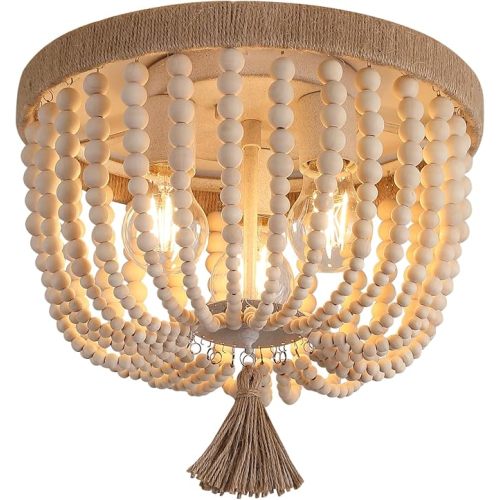 Boho Flush Mount Ceiling Light Wooden Beaded Hepm Rope Oak Withe Farmhouse Beaded Chandelier Light Fixture 3 Lights for Nursery Bedroom Hallway Entryway