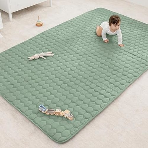 Comfy Cubs Rectangle Kids Play Mat - Large 60 x 96 inches Soft Quilted Baby Floor Mat with Non-Slip Bottom - Plush Design for Toddlers' Playtime - Comfortable and Durable - Fern