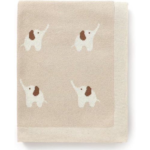 Hadetoto 100% Cotton Baby Blanket Knit Soft Cozy Swaddle Receiving Blankets Toddler Infant Blanket with Lovely Elephant for Newborn Boy Girls - Camel, 90 x 70cm