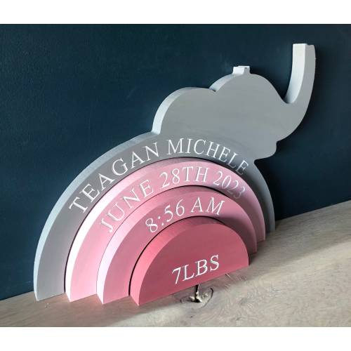 Personalised wooden elephant stacker, engraved rainbow stacker, new baby gift, elephant baby gift