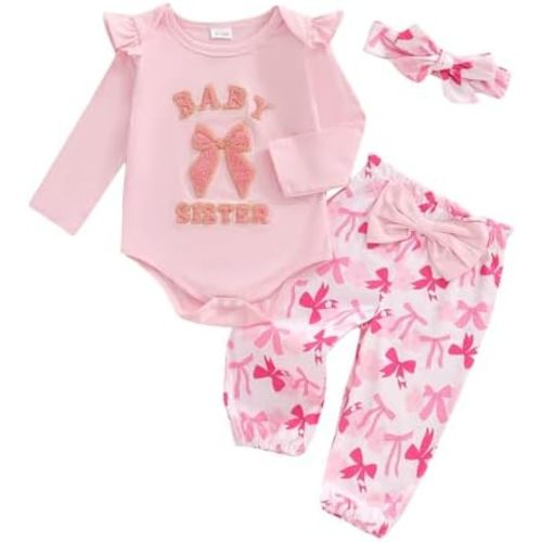 Little Sister Newborn Outfits Bow Letter Embroidered Long Sleeve Romper Pants and Headband Set Fall Clothes