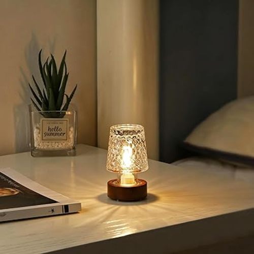 Mini Soft Warm LED Night Light, Battery Operated Portable Glass Lamp with Timer, Art Deco Style, Crystal Color, for Adults