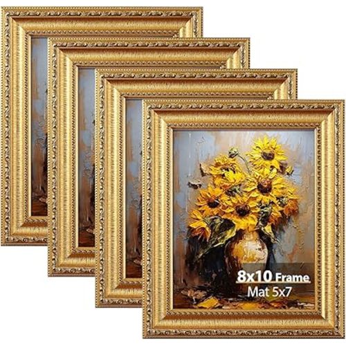 Splinterix 8x10 Gold Picture Frame Set of 4, Vintage 8 x 10 Photo Frames with Real Glass, Ornate Antique Golden Frame for Wall or Tabletop, Display 5x7 Print with Mat or 8x10 without Mat, 4 Pack