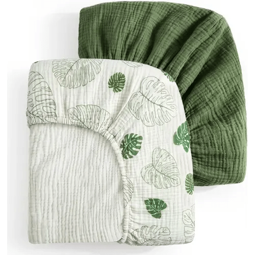 Blissful Diary Muslin Crib Sheets, 2 Pack, Monstera & Dark Green