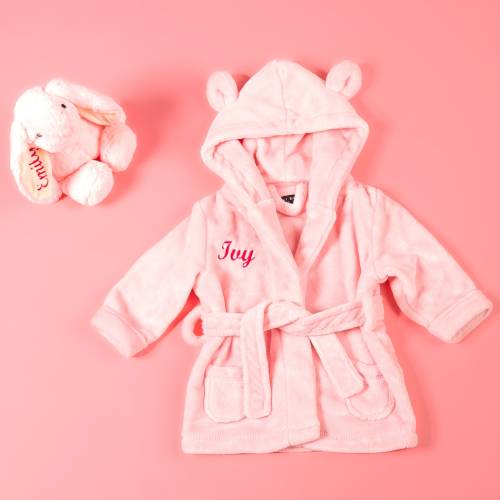 Baby girls personalised super soft hooded dressing gown and bunny toy gift set