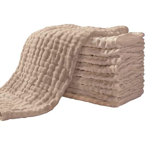 Yoofoss Muslin Burp Cloths for Baby 10 Pack 100% Organic Cotton Baby Washcloths for Boys Girls Large 20''X10'' Super Soft and Absorbent Brown
