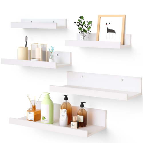 Upsimples Floating Shelves, White Wall Mounted Wood Shelves, Set of 5 Sizes, Rustic Storage Decor