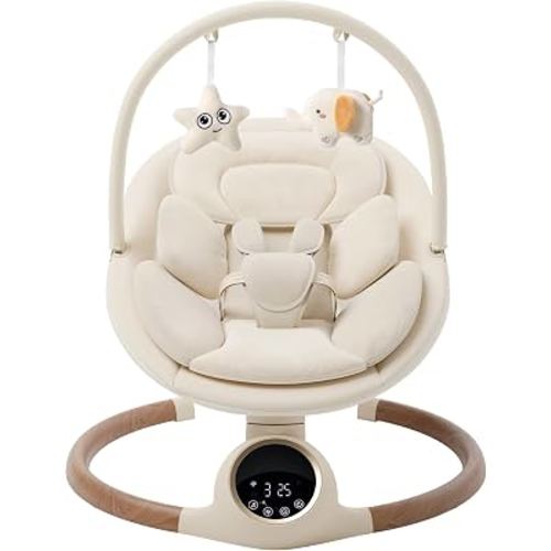 Baby Swing for Infants with 5 Point Harness, 5 Speeds Infant Swing with Soft Cushion, 10 Songs and Bluetooth Music for Newborn, Remote Control & Touch Panel Use, Beige