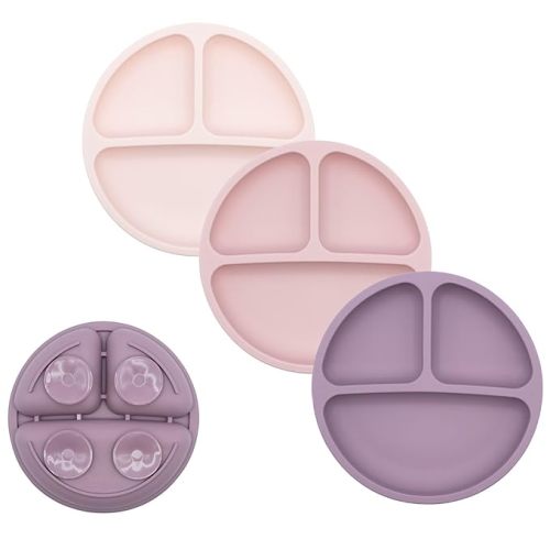 WeeSprout Suction Plates for Babies & Toddlers - 100% Silicone, Dinnerware Stays Put, Divided Design for Picky Eaters, Microwave & Dishwasher Friendly, 3 Pack (Matte Pink, Purple & Blush Pink)