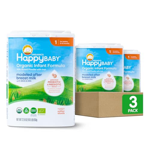 Happy Baby Organics Stage 1 Infant Formula, 0 12 Months, Milk Based Organic Baby Formula Powder with Iron, Probiotics & Prebiotics for Immune & Digestive Support, 22.9 Ounce (Pack of 3)