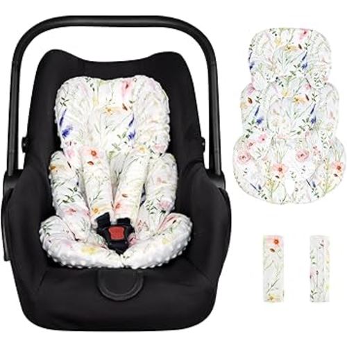 Infant Car Seat Insert, Car Seat Head Support Baby Girls Boys, Soft & Reversible Newborn Carseat Insert Cushion with 2 Strap Covers, for Stroller, Swing, Bouncer (White Wildflowers)