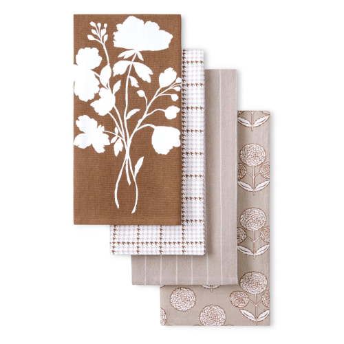 Beautiful 4-Piece Kitchen Towel Set Brown by Drew Barrymore, Floral and Solid Cotton Towels
