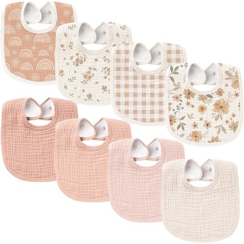 Konssy 8-Pack Muslin Baby Bibs, Adjustable Fit for Drooling and Teething