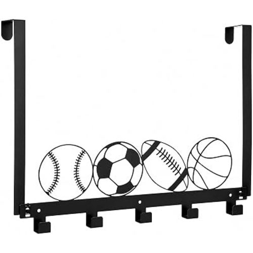 Ripeng Sports Ball Over the Door Hook Rack, Metal Basketball Football Baseball Soccer Wall Mounted Hanger for Bathroom Entryway Playroom, No Drill, Holds 45 Lbs, 16.3x10.3 Inch