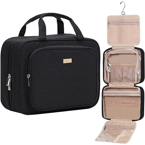 NISHEL Travel Toiletry Bag for Women, Makeup Essentials Organizer, Hanging Case for Accessories, Cosmetics, Large Size, Black