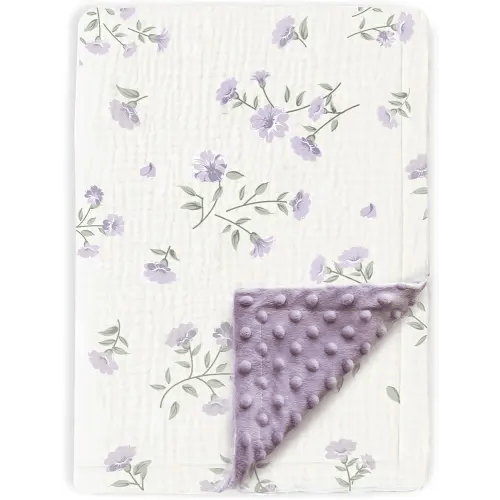 BOPRIO Baby Blankets for Unisex Boys Girls Super Soft Nursery Minky Blankets with Breathable Muslin Cotton Front and 3D Touch Dotted Fleece Backing, Floral Printed Bed Throws Newborn 30 x 40 Inch