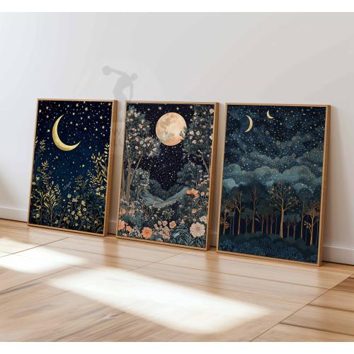 William Morris Set of 3 Posters, Gold Decor, William Morris Print, Moon Poster, Night Sky Art, Botanical Decor, Floral Art, Bedroom Art