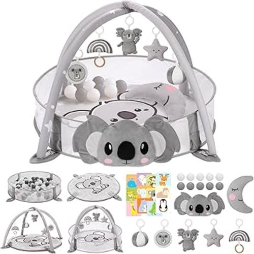 7-in-1 XL Large Baby Play Gym Mat, Tummy Time Mat, Baby Activity Mat, Baby Gym & Ball Pit with Tummy Time Pillow, 10 Balls, Milestone Cards & 5 Detachable Toys Grey Koala