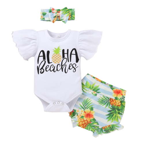 IBTOM CASTLE Newborn Baby Girls Casual Clothes Ruffles Sleeve Romper + Fruit Floral Bottoms Shorts + Headband 3PCS Summer Birthday Outfits 0-3 Months Pineapple