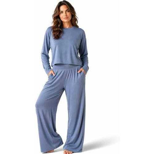 Harmony & Balance Lounge Set Women 2 Piece Cropped Long Sleeve Top & Wide Leg Pants with Pockets Matching Loungewear
