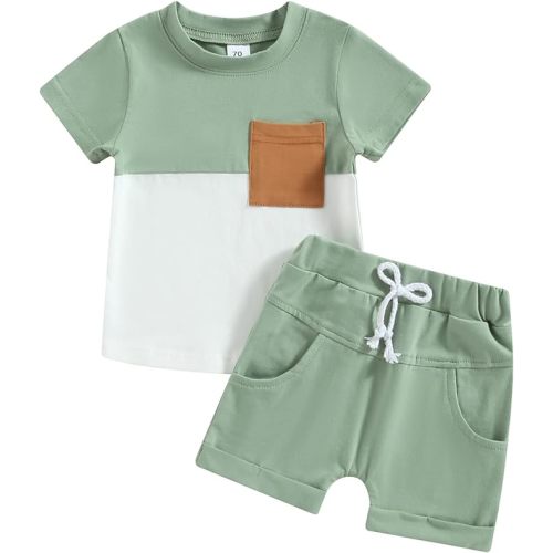 Karwuiio Toddler Baby Boy Summer Outfit Short Sleeve T-Shirt Tops Elastic Waist Shorts Set Baby Boys Clothes