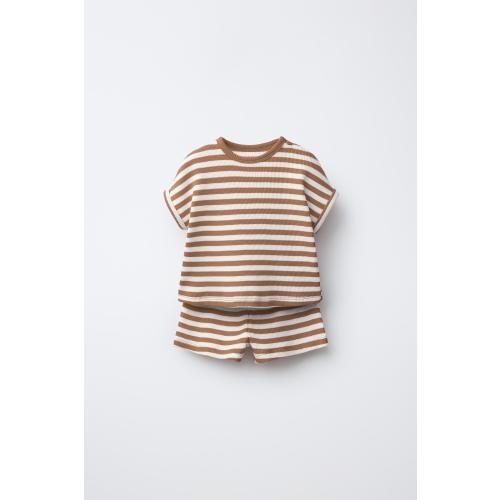 STRIPED WAFFLE KNIT SHIRT AND BERMUDA SET - Red | ZARA United States